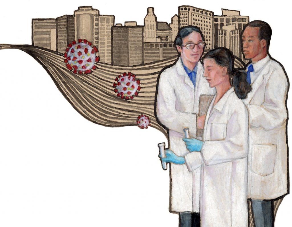 Drawing of researchers and doctors in 2020. They are standing in front of a modern skyline