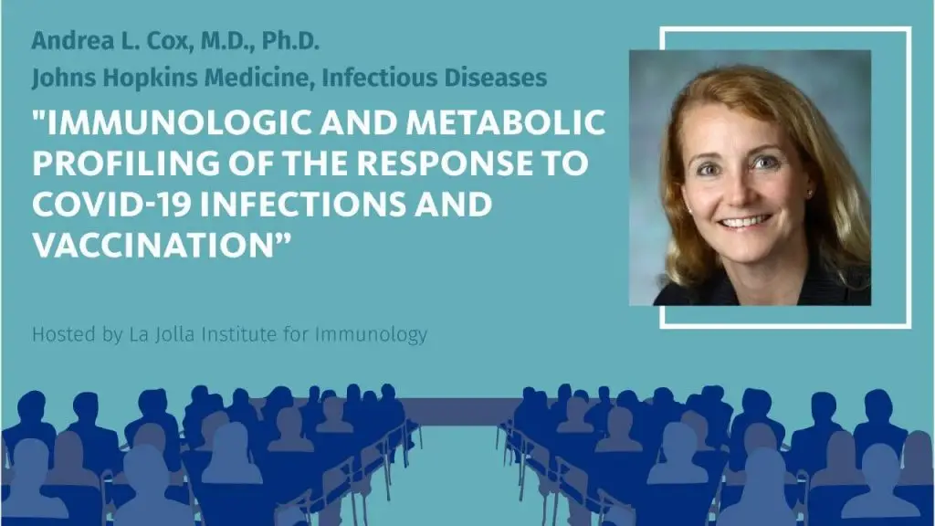 Graphic for an LJI-hosted seminar titled Immunologic and Metabolic Profiling + Responses to COVID-19 – presented by Andrea L. Cox, M.D., Ph.D., of Johns Hopkins Medicine, Infectious Diseases