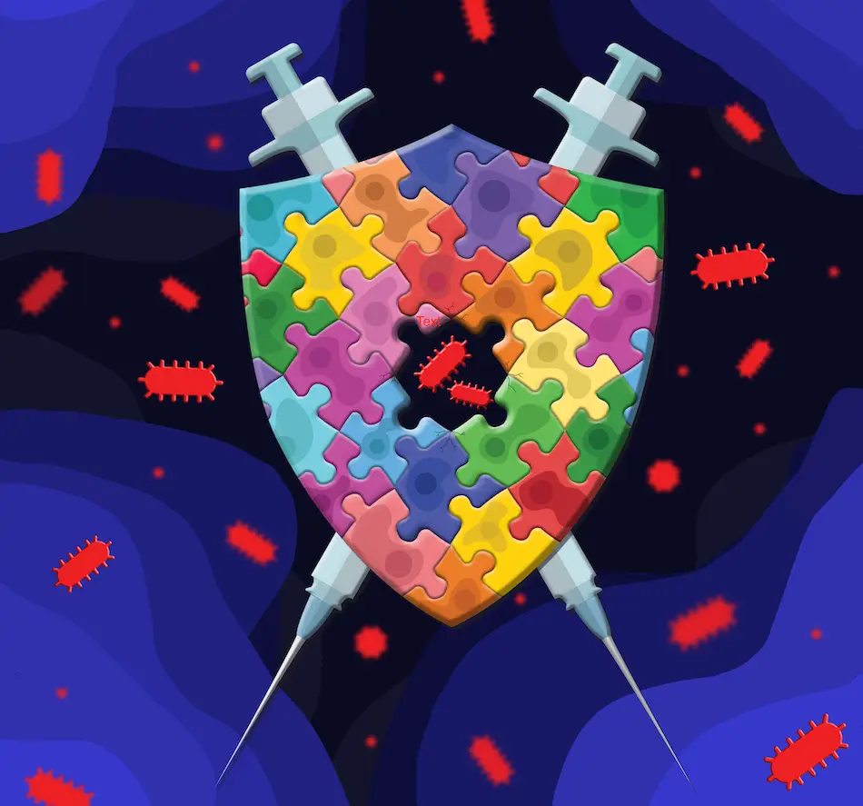 Graphic of a shield made up of colorful puzzle pieces. The shield is criss-crossed by sword-like vaccine needles. There is a missing piece in the center of the shield, and viral particles are getting through