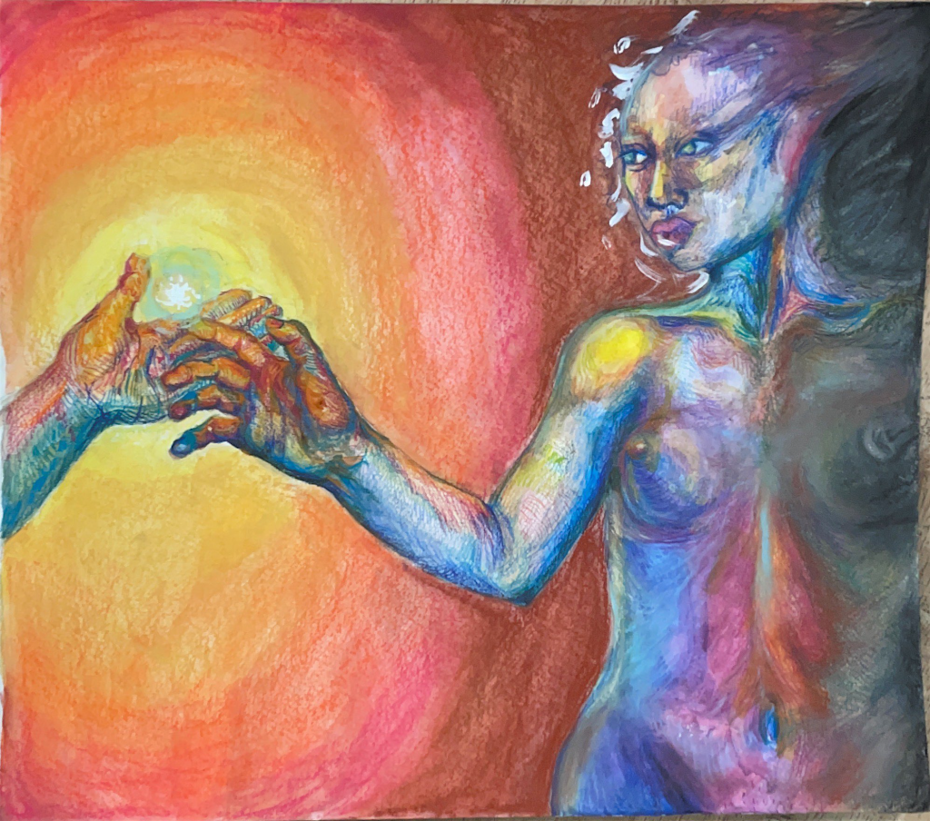 Nielsen's mixed media piece shows a human figure reaching toward a bright light, meant to represent healing.