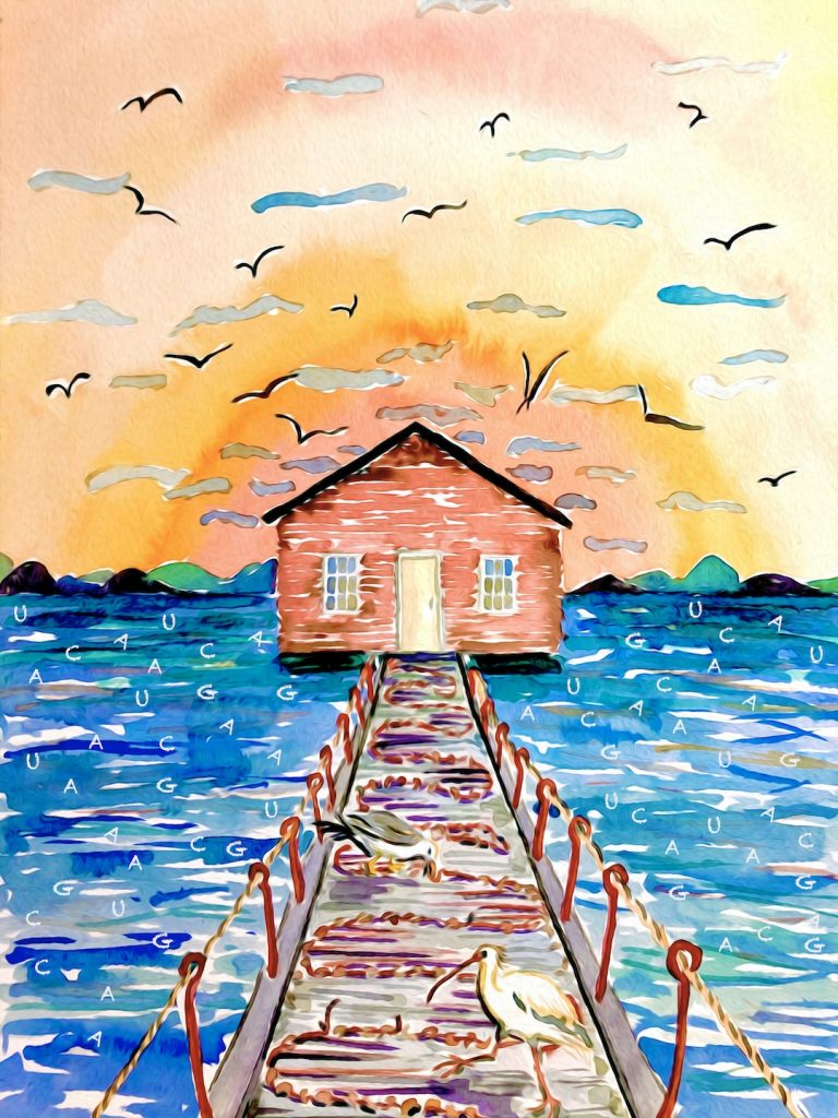 Watercolor painting depicting a reddish house on a wharf sticking out into a blue sea. The sun is setting behind the house. There are seagulls. The water is filling with ACTGs, representing the nucleic acids in DNA.