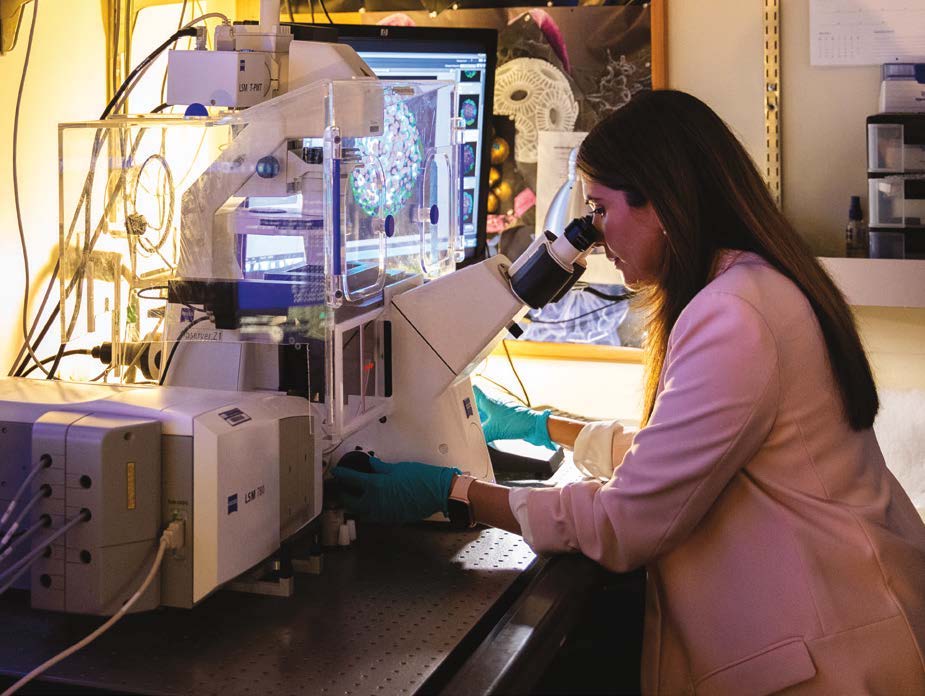 Estefania Quesada Masachs, M.D., Ph.D. in a laboratory setting. She is wearing a white lab coat and looking through a microscope