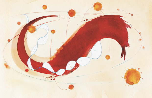 Abstract illustration in shades of red and orange. Depicts cells as orange spotches with light blue lines evoking DNA's double-helix structure. Image features a red, painted swoop that resembles a looped infinity symbol