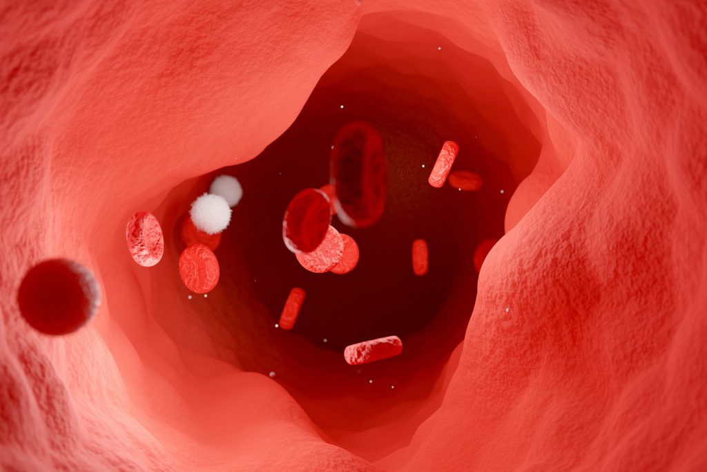 Computer-generated graphic of red and white blood cells flowing through an artery