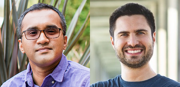 Portrait photos of Dr. Chakraborty and Dr. Orecchioni. They are smiling at the camera