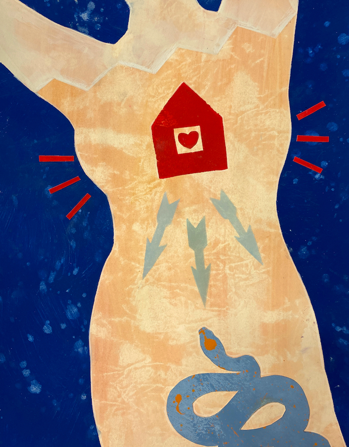 Painting of a human torso against a blue background. In the chest area, there is an icon of a house with a red heart inside. Area point out into the lower abdomen. A blue snake approaches from the lower abdomen