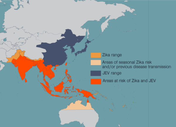 Graphic of map showing Asia and Oceania. We see that areas of southeast Asia are at risk of both Zika and JEV